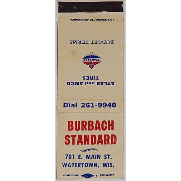 Superior Match Co Other - Vintage Matchbook Cover Burbach Standard Watertown WI Wisconsin Atlas Tires